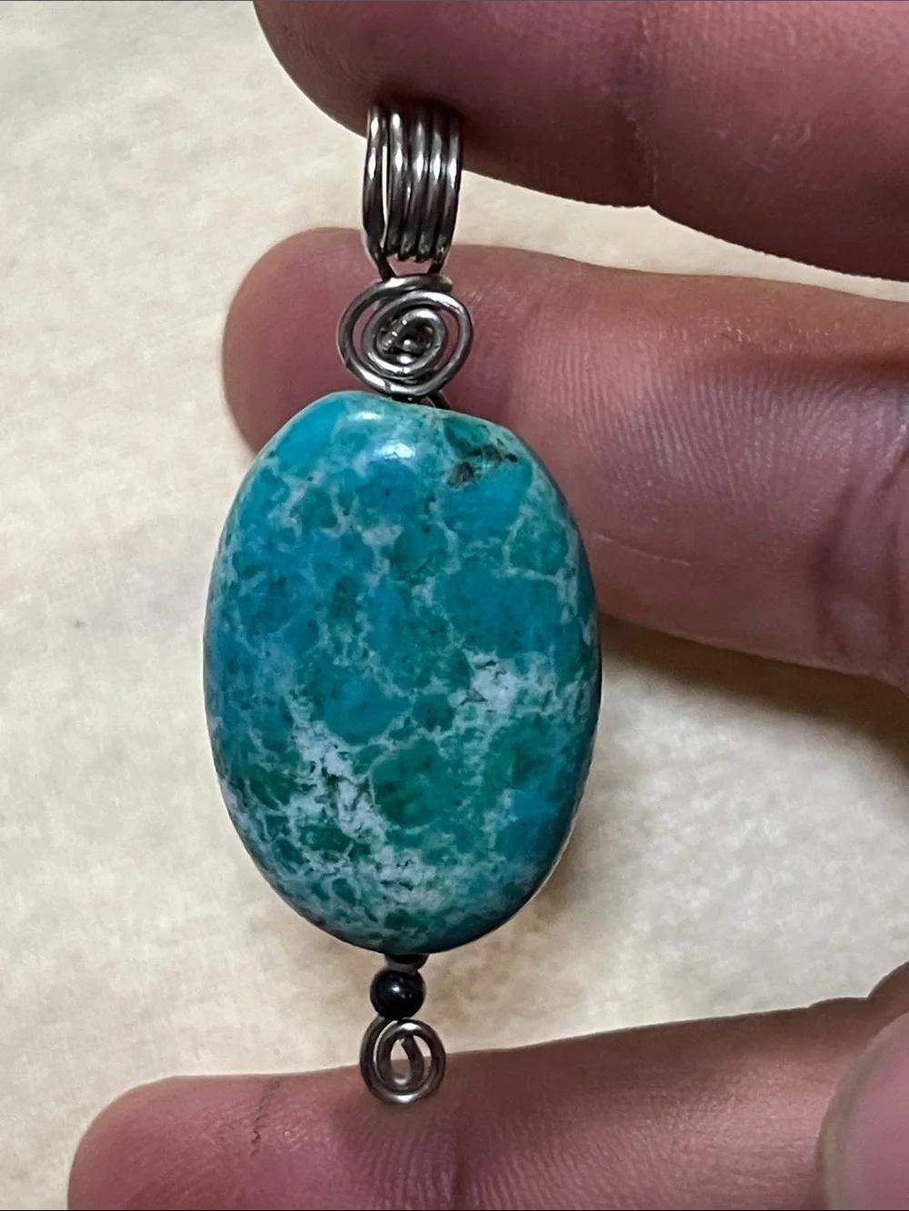 Turquoise Blue Oval Stone Pendant Necklace with Silver Spiral Accents